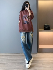 韩版时尚休闲套装女春季新款连帽刺绣卡通上衣破洞牛仔长裤两件套，女装套装/套裙，江南