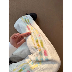 彩色花卉三条杠运动卫裤男秋季美式潮牌情侣阔腿裤显瘦窄版长裤子图片