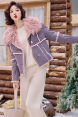 紫色兔毛皮毛一体外套女短款冬季2024新款韩版羊毛卷短款大衣，女装羊羔毛/颗粒绒，千千佰惠