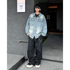 春秋款潮流水洗牛仔外套宽松休闲设计感夹克上衣，男装夹克，星座410-7