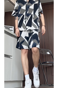 短袖衬衫男+短裤男潮流休闲套装男M-5XL大码TZ78704P50控98模特图图片