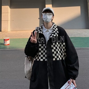 春季棋盘格拼接外套男ins潮牌高街复古工装夹克潮流宽松上衣K1965图片