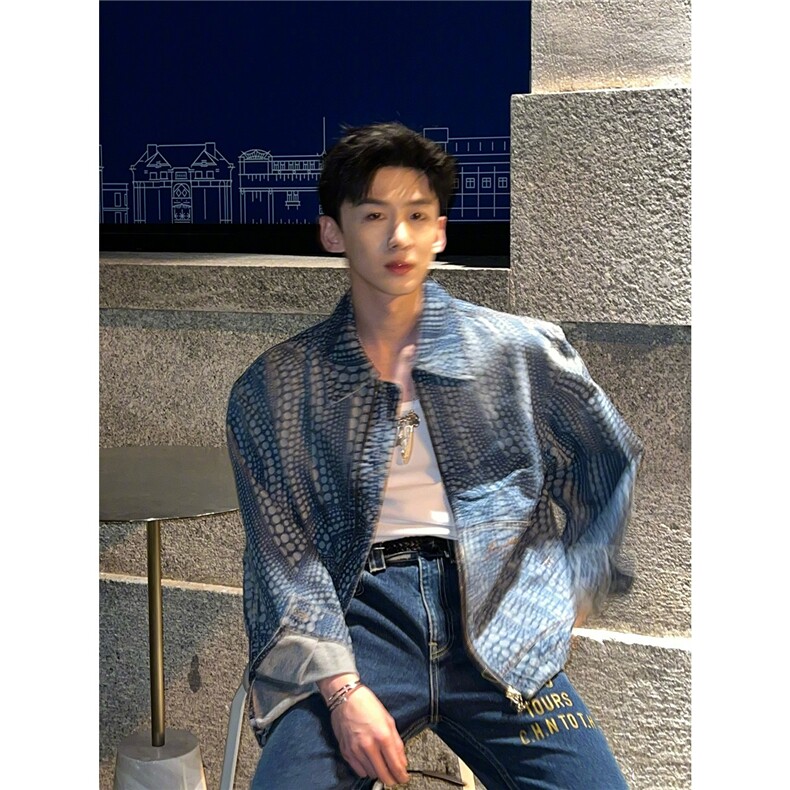 白敬亭同款春秋牛仔外套南瓜图案波点高级夹克男女拉链宽松休闲潮，男装工装外套，星座506A