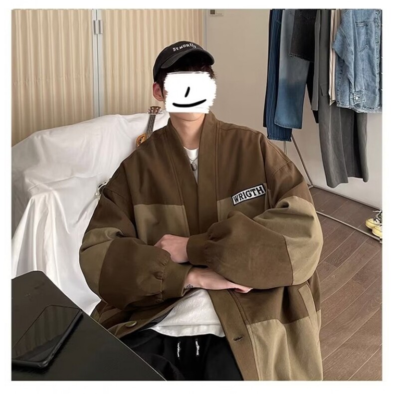 外套男美式复古ins春秋加大码V领上衣服潮牌宽松拼色棒球外夹克男,男装夹克,星座1210-1