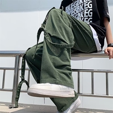 夏季绑带设计感口袋宽松阔腿裤男复古坠感拖地工装长裤K6074-P36，男装休闲裤，星座512-2