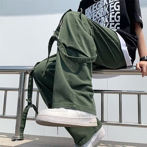 夏季绑带设计感口袋宽松阔腿裤男复古坠感拖地工装长裤 K6074-P36图片