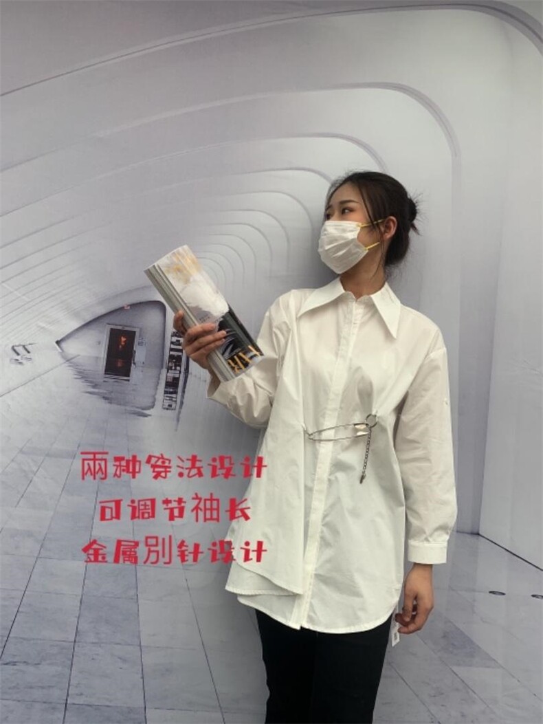2022春季新款纯两穿金属别针宽松衬衫女，女装衬衫，尚言