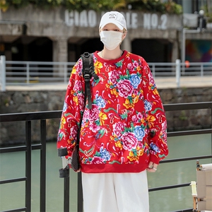 B203圆领大花卫衣大码男女新中式汉服团队表演出饭店火锅店情侣潮图片