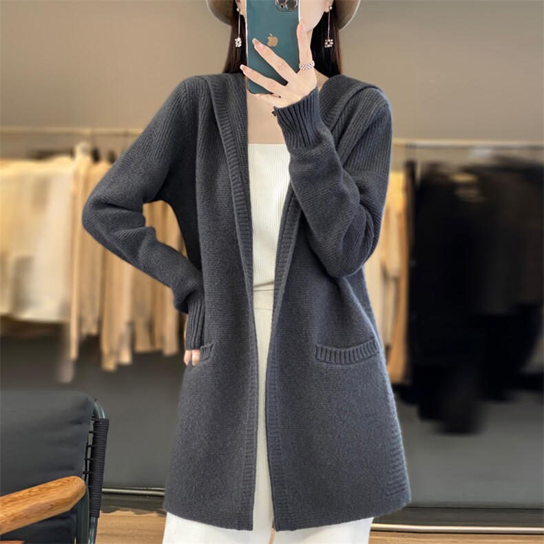 中长款连帽羊绒开衫女长袖针织外套毛衣宽松羊毛衫带兜上衣,女装羊毛衫,忠诺羊绒