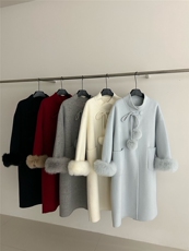 【依嘟】2025冬廓形可脱卸狐狸毛领高级感过膝显瘦羊毛外套(，女装双面呢大衣，依嘟服饰