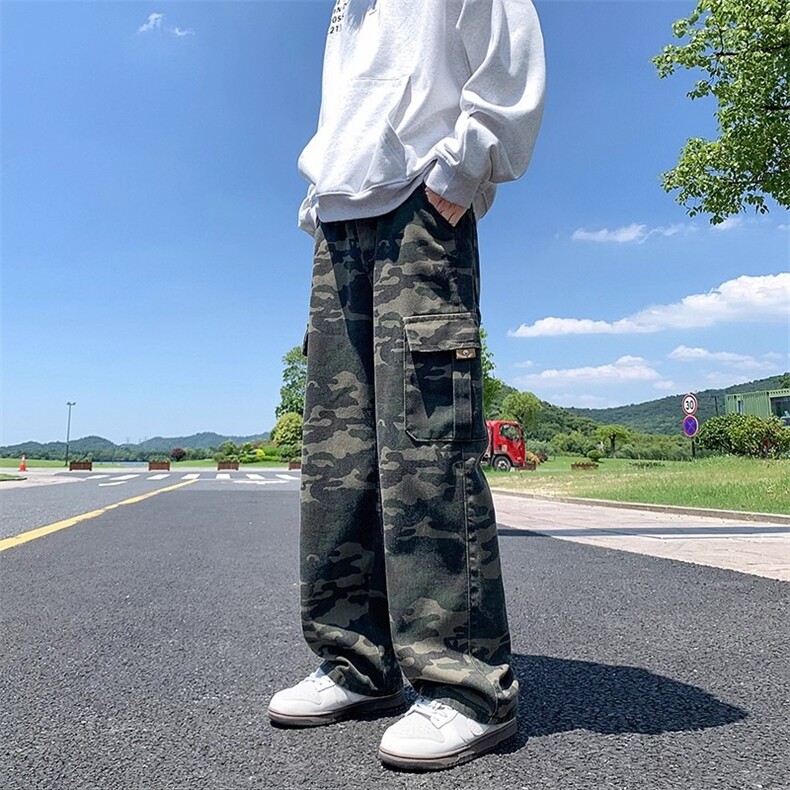 迷彩工装直筒牛仔裤男款美式潮流高街高级休闲宽松阔腿裤NZA253图片