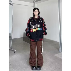 春秋美式复古高街刺绣mm豆棒球服外套男女宽松嘻哈潮牌机车服夹克图片