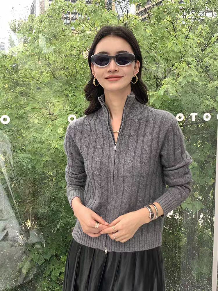 秋季新款舒适显瘦时尚百搭麻花拉链毛衣,女装羊毛衫,恒恩羊绒