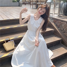 法式气质蓝色无袖背心连衣裙女夏2025新款度假风显瘦韩系甜美长裙，女装连衣裙，2C129