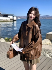 现货2026春季蝴蝶刺绣棕色皮衣外套2C056-7202-P170控278，女装短外套，2C056