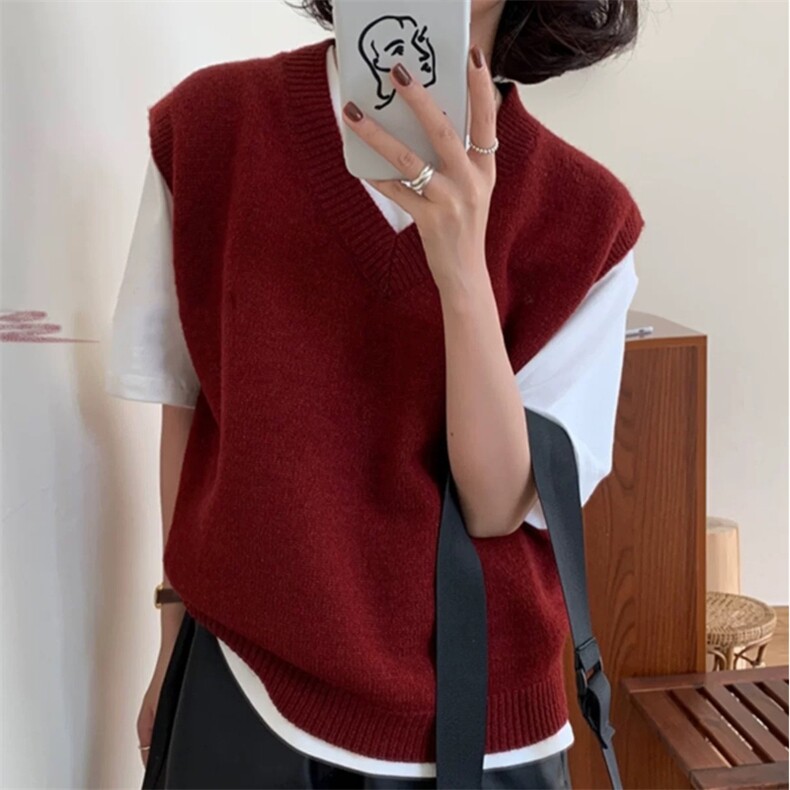 V领针织马甲女宽松秋冬新款灰色羊毛马夹背心毛衣小坎肩外搭,女装马甲,唯若美羊绒