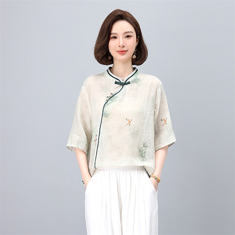 实体店同款2025夏新款苎麻印花衬衫立领手工盘扣体恤衫显瘦衬衣,女装衬衫,凝聚力