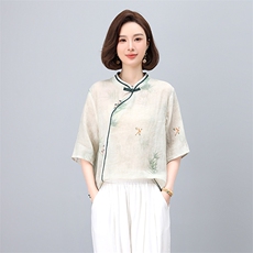 实体店同款2025夏新款苎麻印花衬衫立领手工盘扣体恤衫显瘦衬衣，女装衬衫，凝聚力