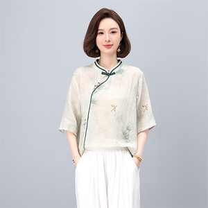 实体店同款2025夏新款苎麻印花衬衫立领手工盘扣体恤衫显瘦衬衣图片