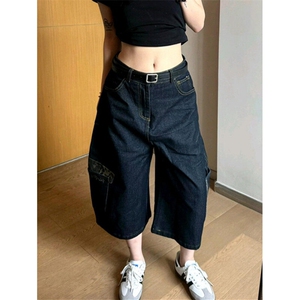 工装风七分牛仔裤女夏宽松大口袋街头哈伦短裤弯刀阔腿裤 N712图片