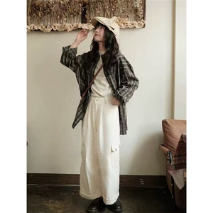 咖灰色格子衬衫女春秋新款宽松薄款小个子防晒衬衣复古设计感外套图片