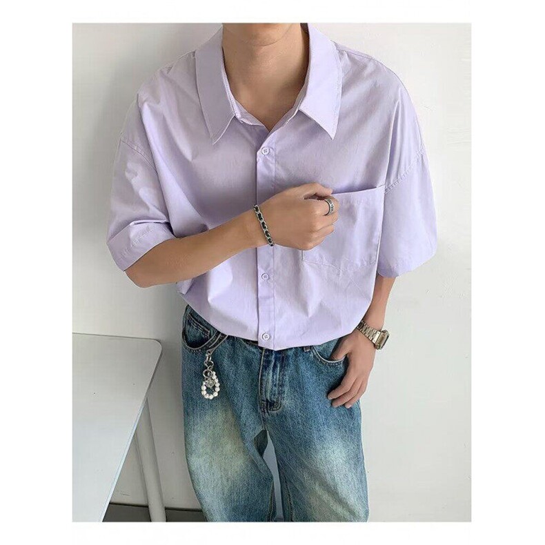 日系夏季五分短袖衬衫宽松休闲百搭纯色简约男衬衣CK218P36,男装T恤,星座1013-1