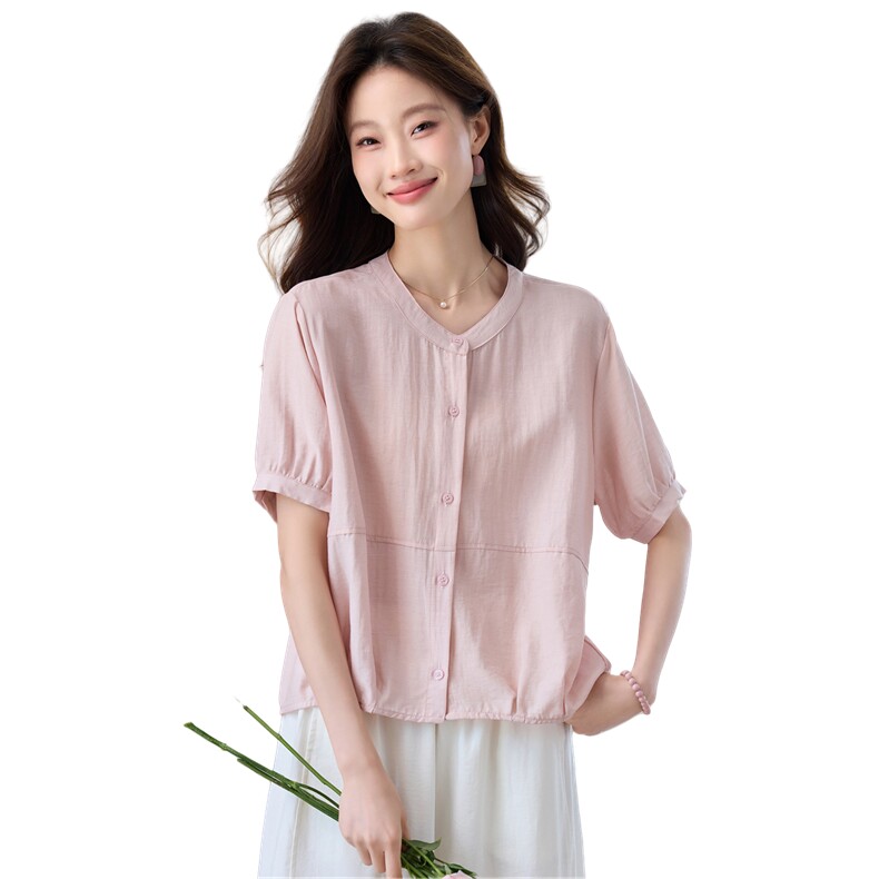 天丝短袖衬衫女夏季2025年新款妈妈休闲时尚减龄气质圆领小衫上衣,女装衬衫,木子恋