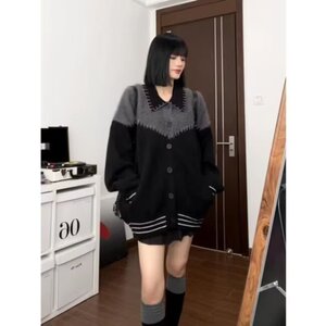 GM255-P63 高级感开衫毛衣女秋季新款小众宽松百搭拼接翻领图片