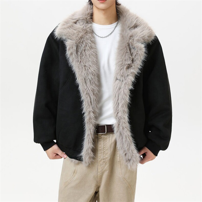 现货重磅硬挺boxy羽绒棉衣座山雕大毛毛领洗水麂皮棉服冬外套，男装棉衣，电商A443