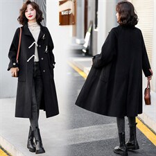 现货2021年冬季时尚修身显瘦小个子个性牛角扣手工缝制双面呢大衣，女装毛呢外套，菡迪欧娜