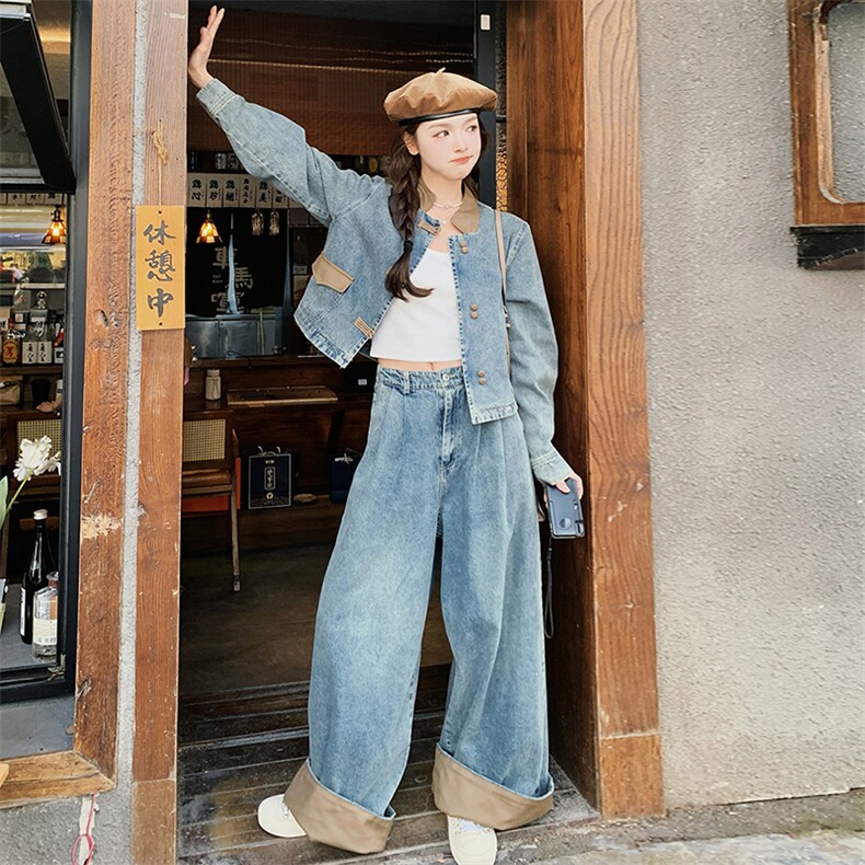 港风复古盘扣蓝色牛仔上衣阔腿裤套装女秋2025新款又a又飒两件套，女装套装/套裙，浙宝305