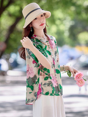 时尚翻领天丝棉麻短袖衬衫女2025夏新款宽松显瘦洋气印花衬衣小衫，女装衬衫，涵墨