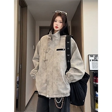 设计感金属飞机扣扎染皮革夹克男女宽松美式痞帅外套L960366-P75，男装夹克，星座1008