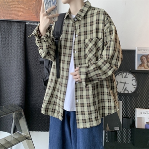 秋季 男长袖韩版潮流宽松格子衬衫港风帅气外套学生百搭 H210/P45图片