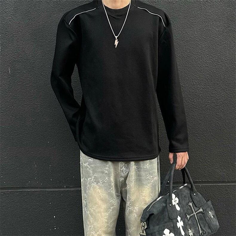 抖音得物高品质26春装设计感长袖打底衫纯色拉链肩圆领卫衣W123,男装T恤,电商A486-1