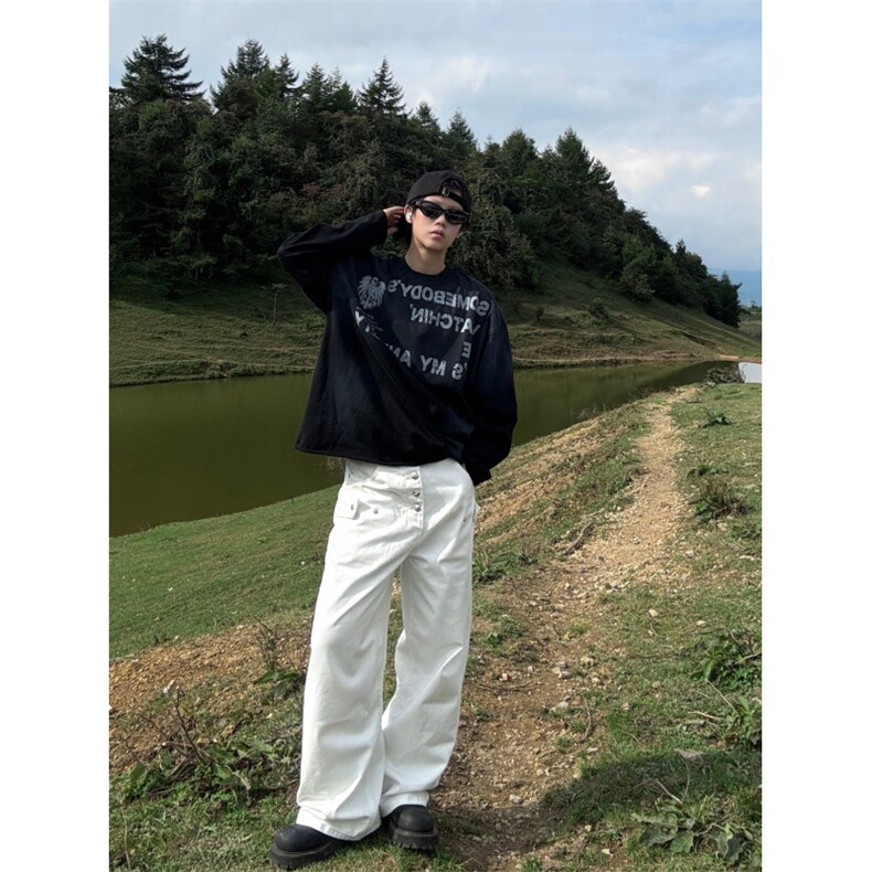 美式复古白色阔腿弯刀牛仔裤男女廓形宽松直筒镰刀裤,男装牛仔裤,四季星座505