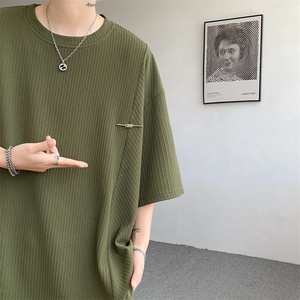 wassup happy绿色条纹短袖t恤男夏季薄款冰丝宽松打底衫休闲半袖图片