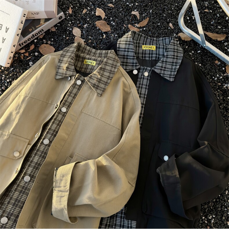 港风秋款男女假两件夹克衫格子拼接宽松外套JK181P82，男装夹克，星座1013-1