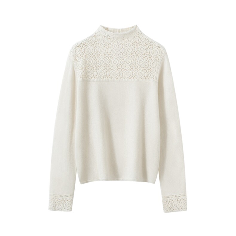 2025年秋季时尚百搭通勤简约休闲女士镂空钩花半高领羊绒衫，女装羊绒衫，臻维羊绒