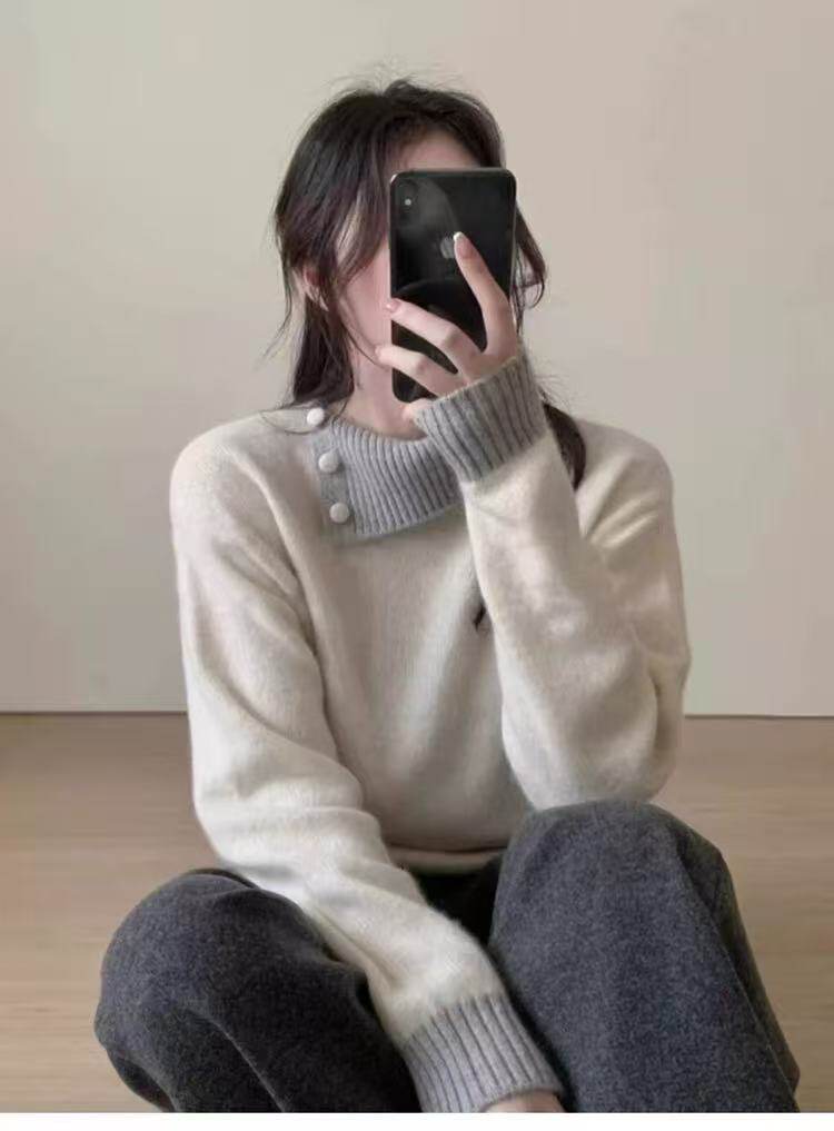 2025年秋季时尚百搭通勤简约休闲羊毛拼色包扣毛衣，女装羊毛衫，鑫之绒