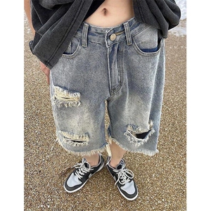 牛仔短裤男夏季复古高街vibe宽松水洗五分裤男生休闲裤子 NK849图片