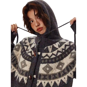 重磅秋冬北极绒开衫毛衣美式复古休闲慵懒风牛角扣针织衫连帽外套图片