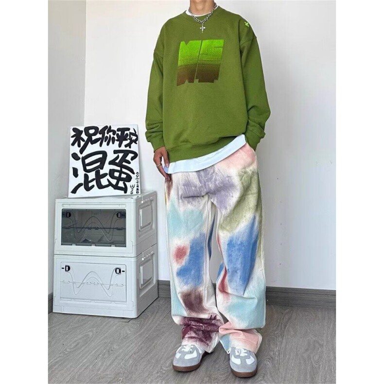 手绘刷漆彩色牛仔裤男夏季美式vibe风高街裤子宽松显瘦直筒休闲裤图片