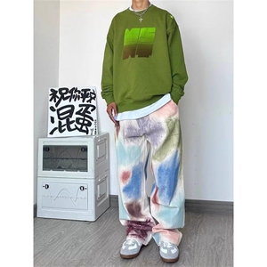 手绘刷漆彩色牛仔裤男夏季美式vibe风高街裤子宽松显瘦直筒休闲裤图片