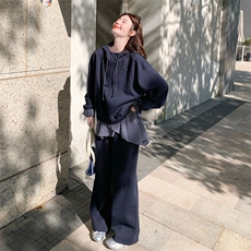 韩系学院风套装女2025秋季新款假两件设计感连帽卫衣阔腿裤两件套，女装套装/套裙，2C198