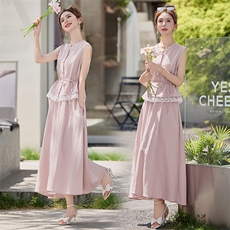 夏季天丝棉麻牛仔连衣裙套装女新款小香风蕾丝马甲半身长裙两件套，女装套装/套裙，依路服饰