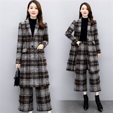 2023新款秋冬季时尚两件套女高端减龄格子大衣职业毛呢阔腿裤套装，女装套装/套裙，罗得堡