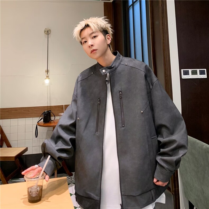 W514-P80做旧磨边斜拉链设计PU皮衣工装大口袋短外套秋季机车服，男装皮衣，星座911-1