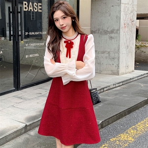 夕昕长袖连衣裙女中长款气质2024春秋新款法式假两件毛呢裙子图片