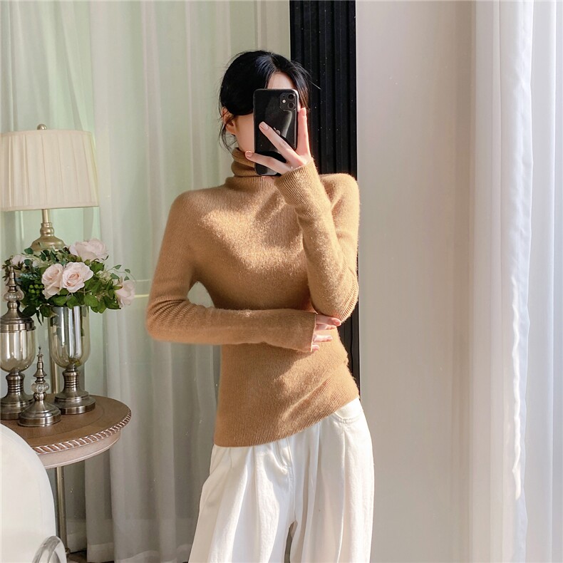 HE|基础美软糯baby山羊绒衫女堆堆领针织衫紧身毛衣内搭打底衫,针织衫/毛衣,织纯羊绒